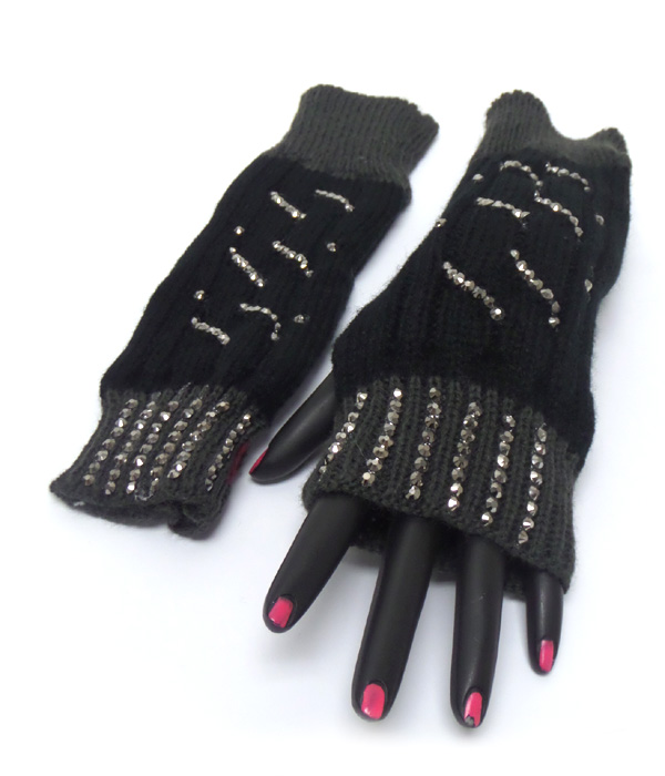 Two color crystal wave pattern open fingertip knit glove 