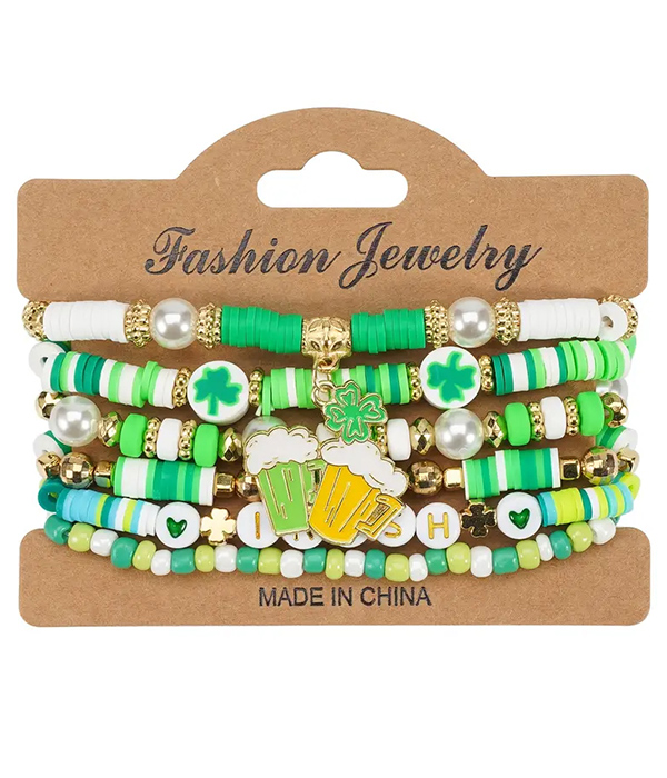 St patrick day theme clay bead multi stretch bracelet set - beer