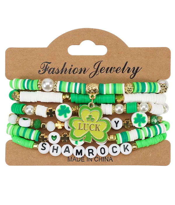 St patrick day theme clay bead multi stretch bracelet set - shamrock