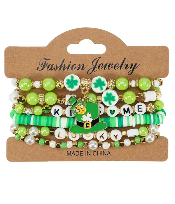 St patrick day theme clay bead multi stretch bracelet set - hat