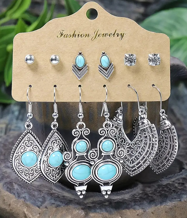 Ethnic style metal filigree 6 pair earring set