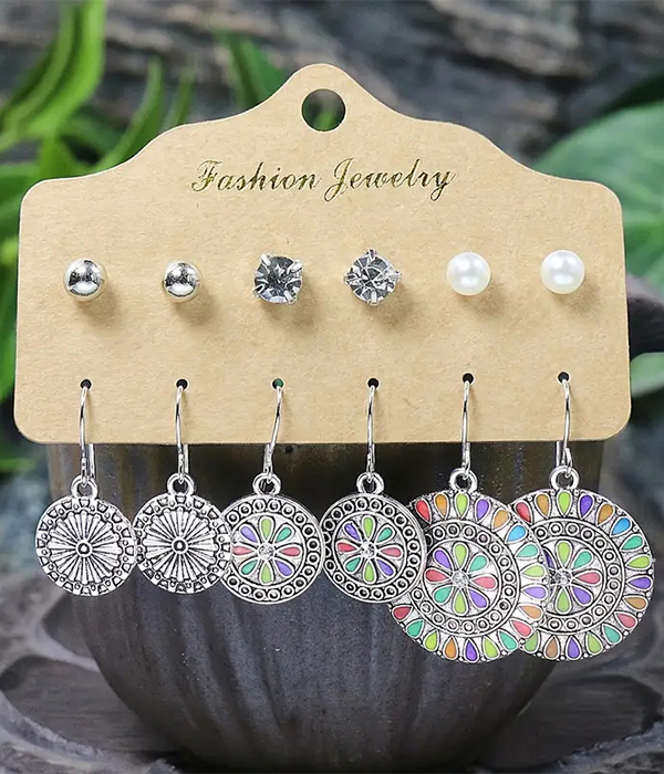 Ethnic style metal filigree 6 pair earring set