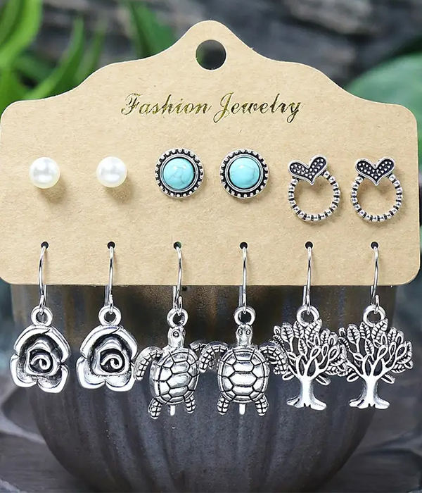 Ethnic style metal filigree 6 pair earring set