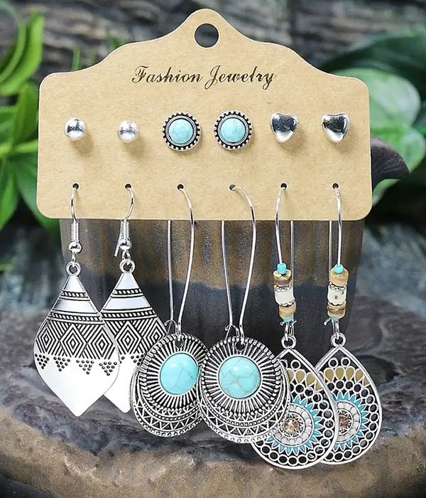 Ethnic style metal filigree 6 pair earring set