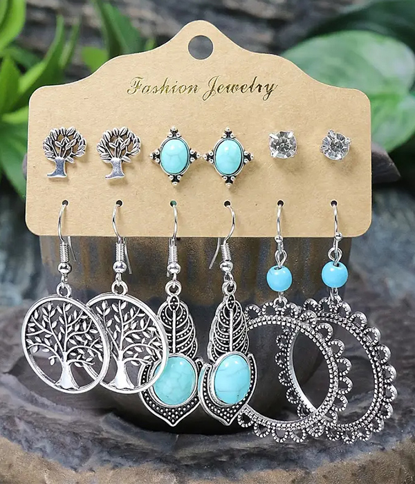 Ethnic style metal filigree 6 pair earring set