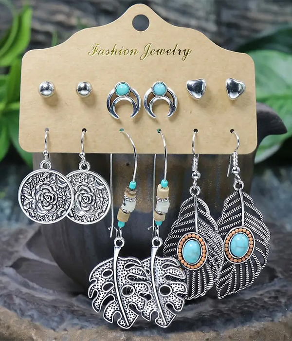 Ethnic style metal filigree 6 pair earring set