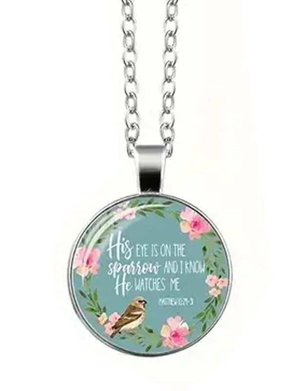 Religious inspiration pendant necklace - his eye is on the sparrow and i know he watches me