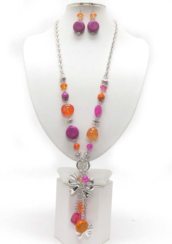 Natural stone beads and ribbon dangle long necklace earring set