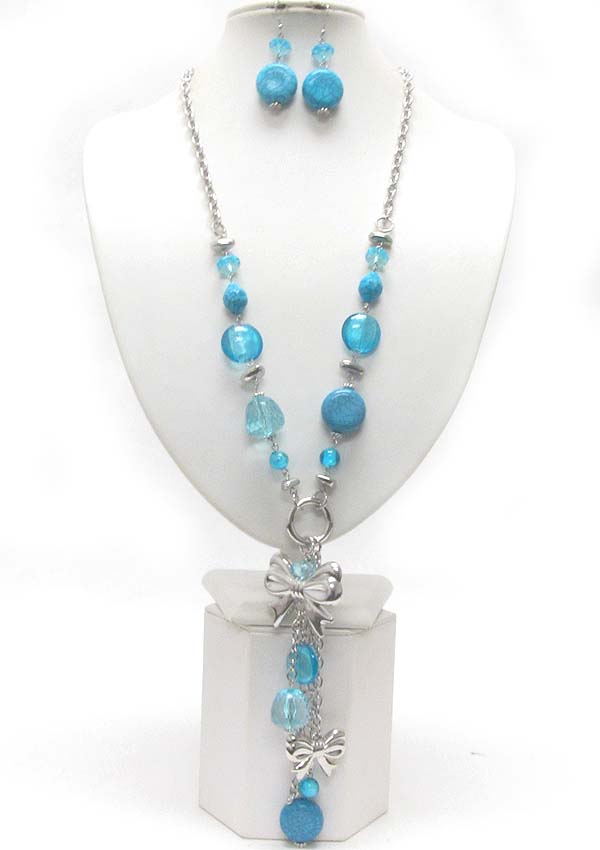 Natural stone beads and ribbon dangle long necklace earring set