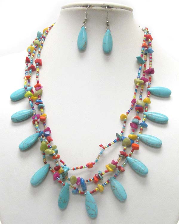 Triple layer beads and turquoise stone drape necklace earrintg set