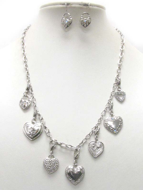 Multi heart charm dangle necklace and earring set