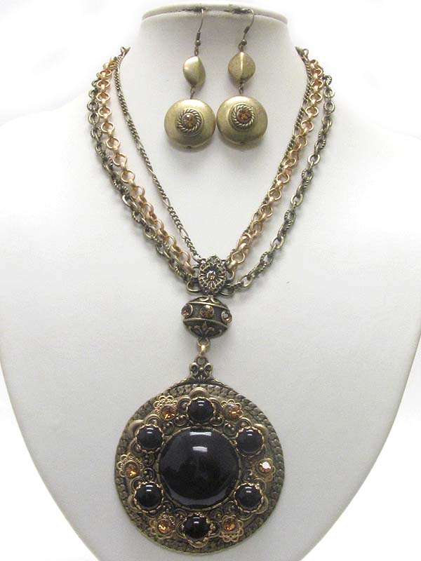 Boutique style genuine stone deco antique round metal disk pendant necklace and earring set - onyx