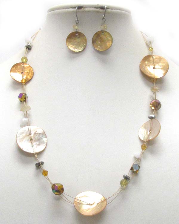 Sea shell disk and chip stone and mixed beads necklace earring set