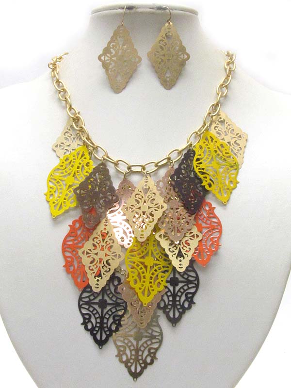 Sping vintage metal triangle  filigree drop chain necklace earring set