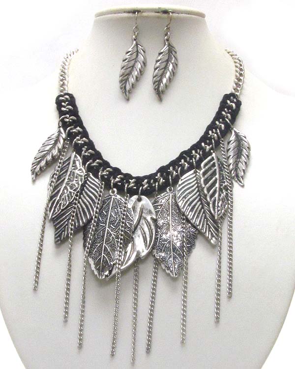 Metal leaves and tassel dangle suede and metal chain braided necklace earring set