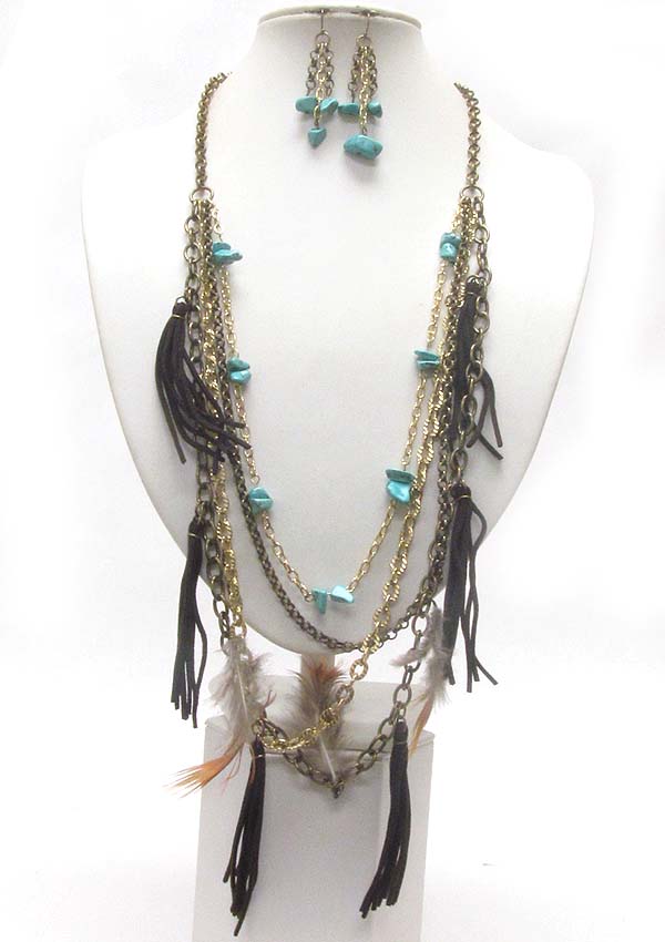 Chip stone feather and suede drop long chain necklace earring set