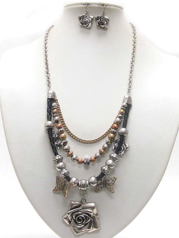 Metal rose and multi bead link 3 layered necklace earring set