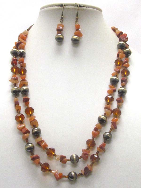 Natural chip stone glass beads metallic ball mix necklace earring set