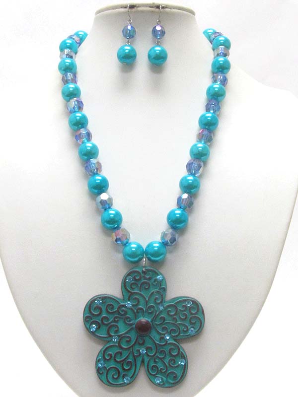 Crystal stud metal deco large flower medallion beads necklace set