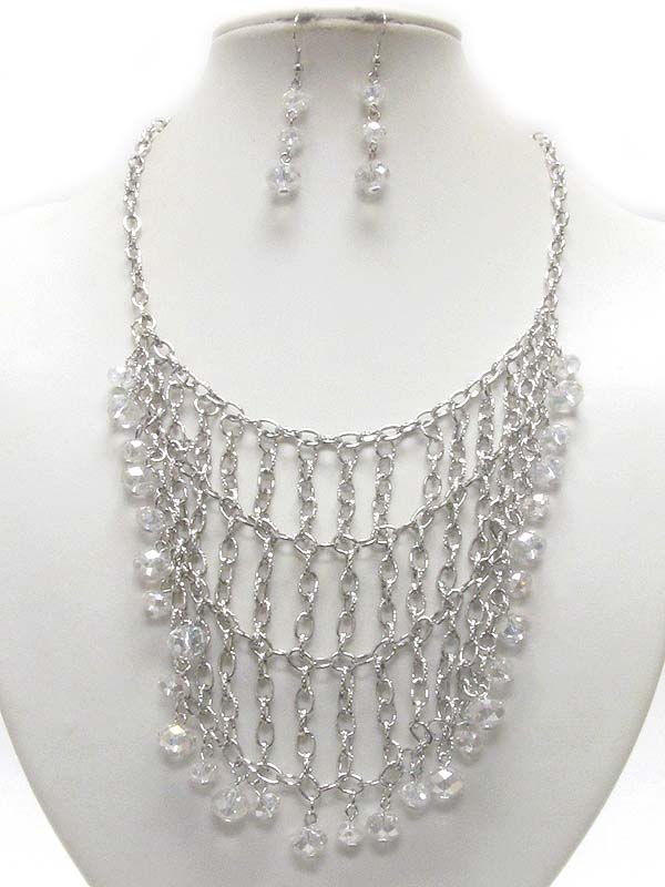 Facet glass stone dangle metal chain link bib style necklace earring set