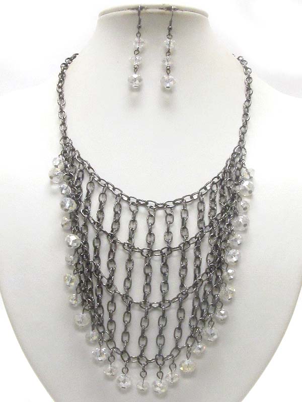 Facet glass stone dangle metal chain link bib style necklace earring set